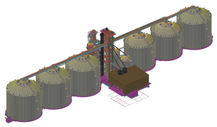 Rendering of grain terminal with six silos