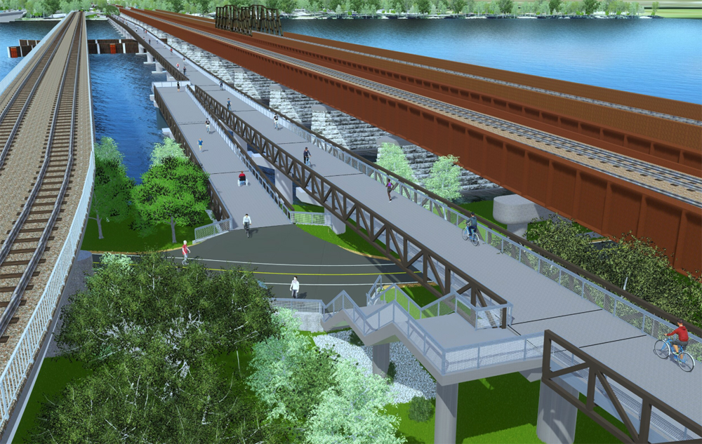 Rendering of twin two-track railroad bridges and pedestrian bridge