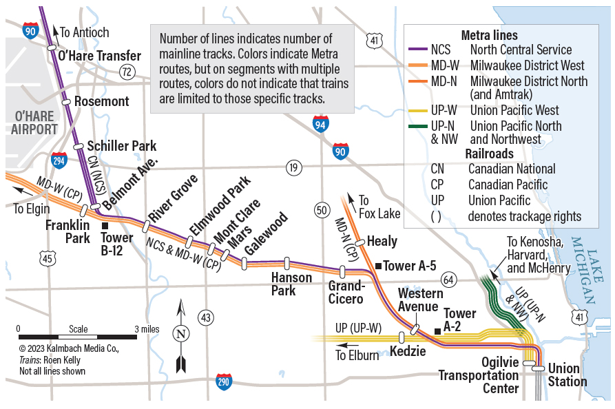 Map of Metra rail lines between Chicago Union Station and O'Hare airport