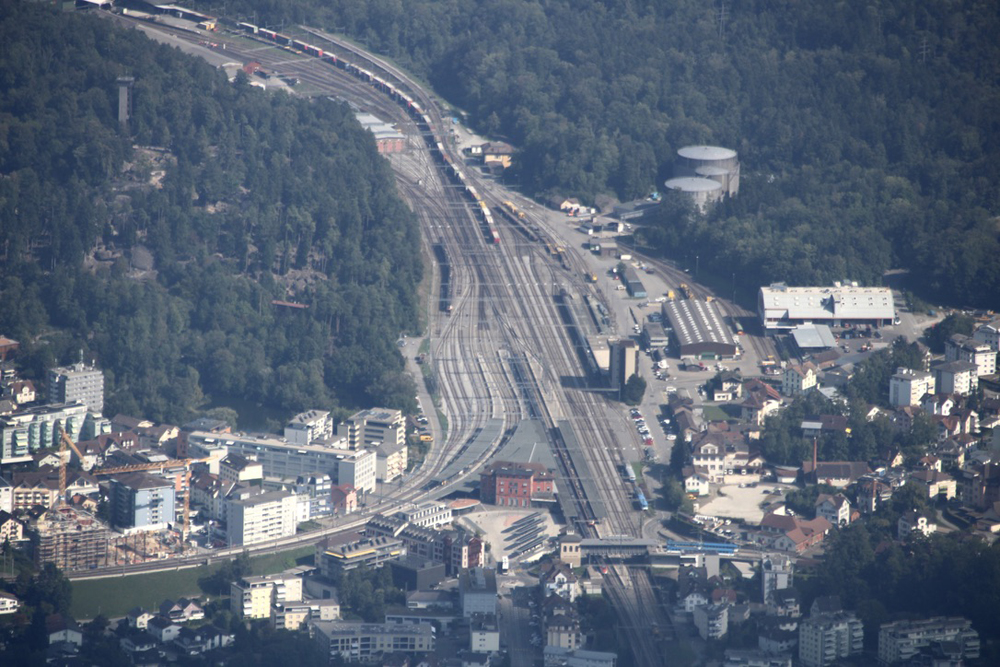 View of rail station and yard from mountain