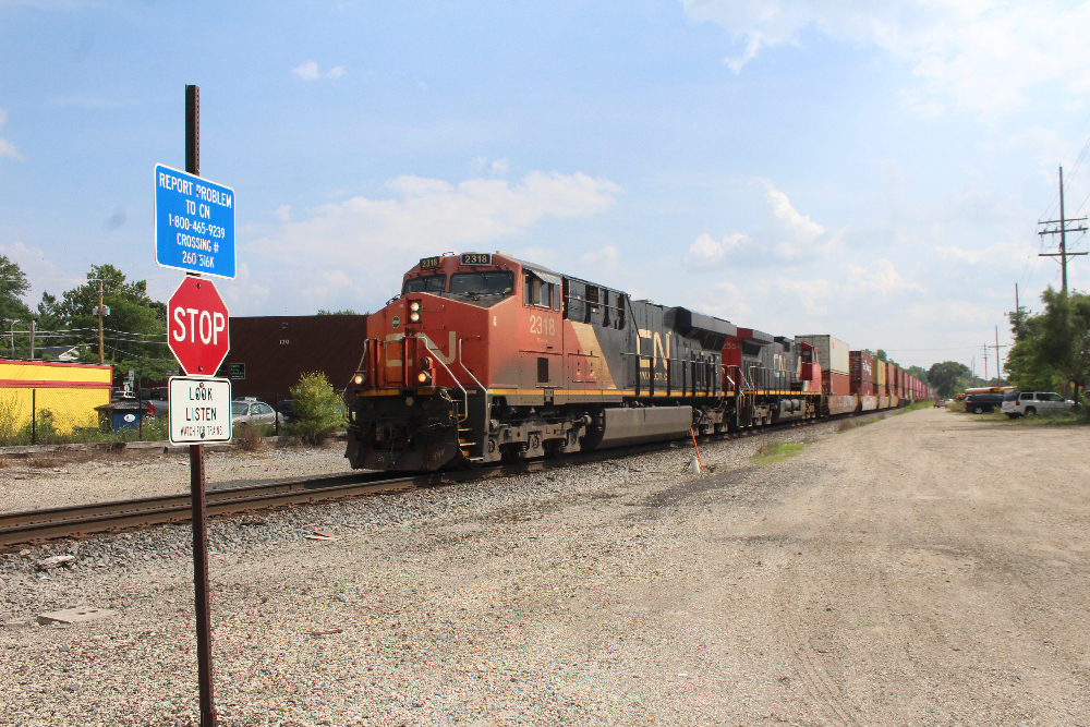 Freight train with black, red, and white diesel locomotive leading.