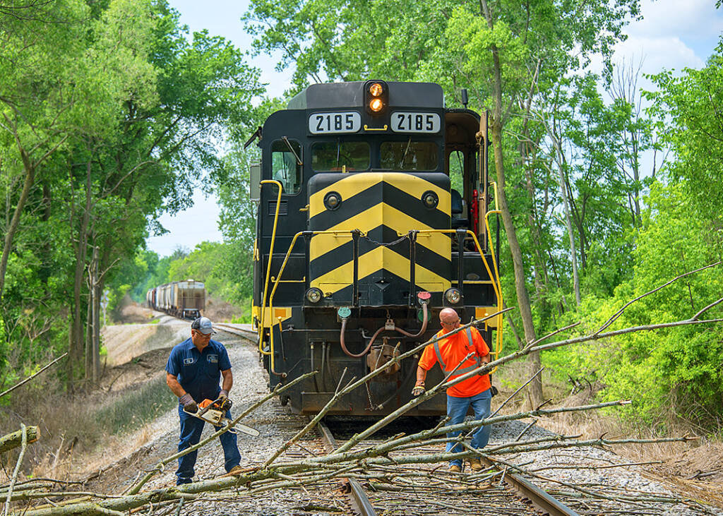 Black locomotive with yellow stripes and men moving tree