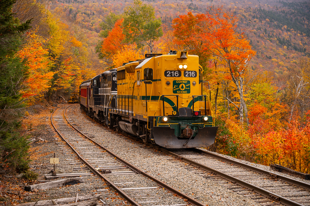 Passenger train led by yellow locomotive in mountains with vibrant fall foliage