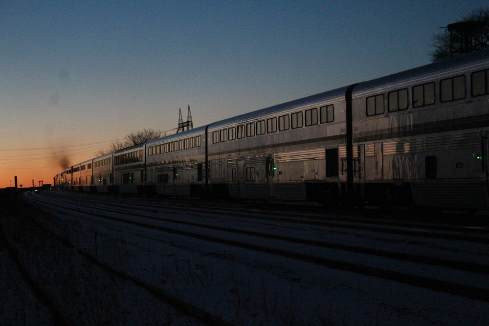 Passenger train at sunset