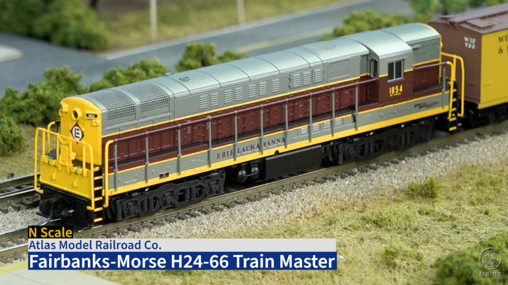 Title screen of Product Review video with N scale locomotive painted gray, maroon, and yellow.