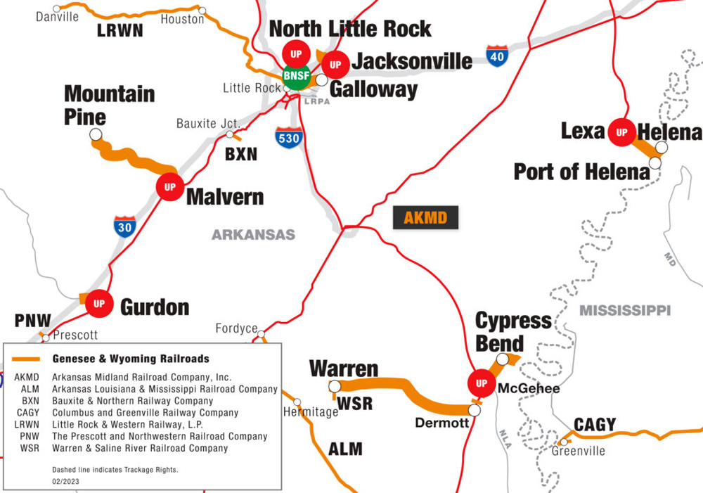 Map showing disconnected branch lines that make up the Arkansas Midland Railroad