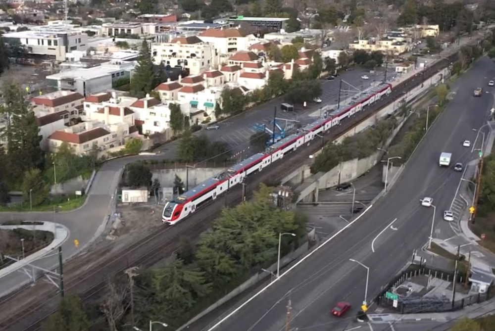 Aerial view of electric commuter train in operation