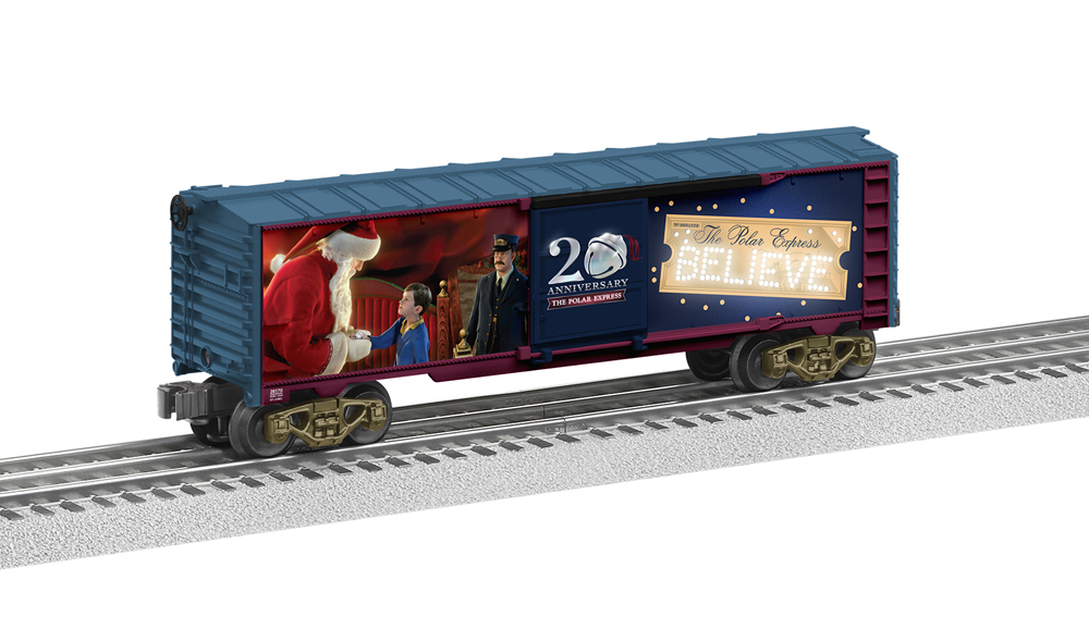 red, blue, and gold model boxcar