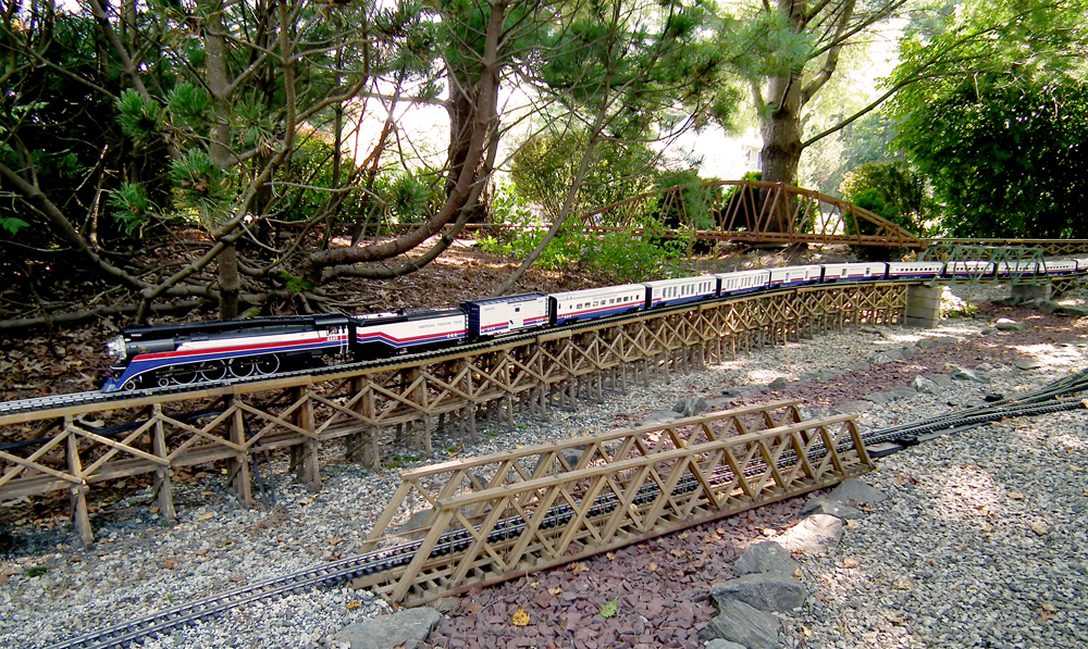 red white and blue model train on garden railway
