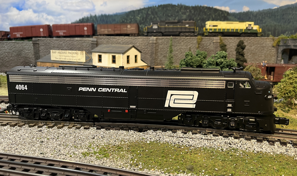 Side view of black model locomotive
