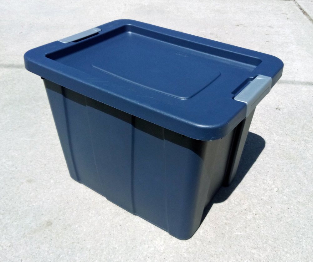 Color photo of blue storage tote.