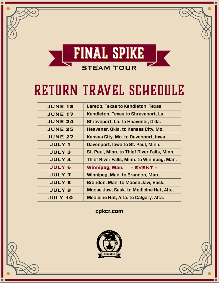 Revised return schedule for CP 2816 and the Final Spike Steam Tour, covering June 15 to July 10 
