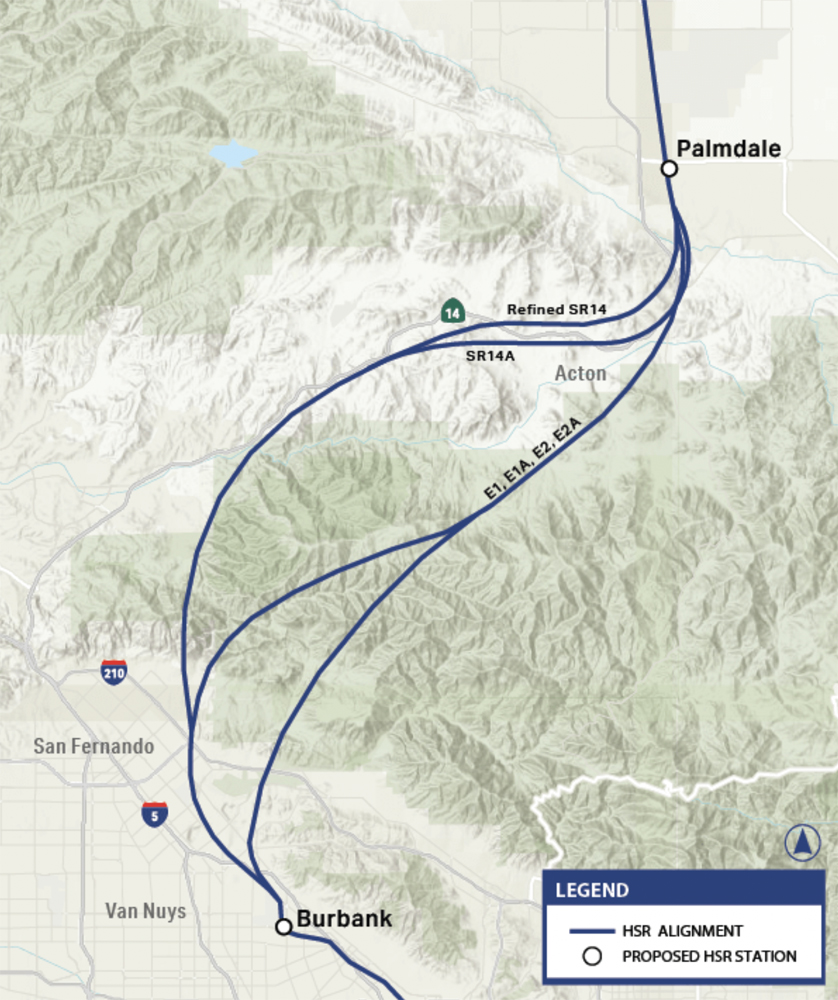 Map of potential high speed rail routes between Palmdale and Burbank, Calif.