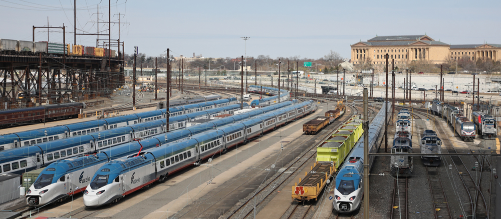 Blue and white trainsets parked in rail yard.