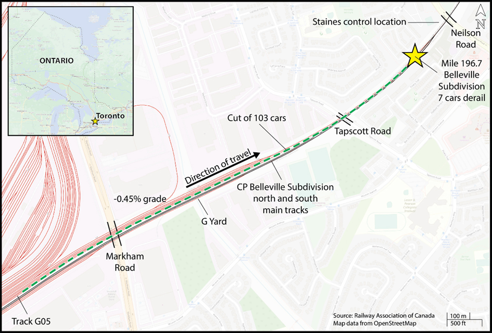 Map of runaway-car incident at Canadian Pacific's Toronto Yard in 2022