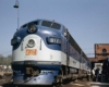 Blue-and-white streamlined diesel locomotive