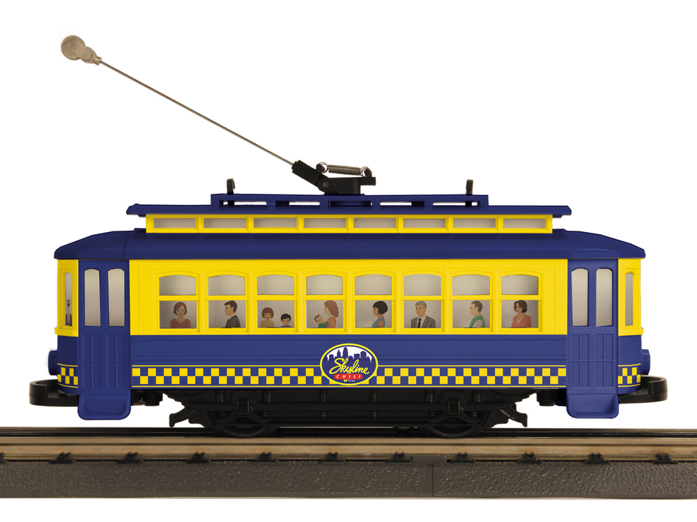 blue and yellow model trolley