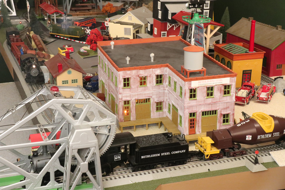 scene on model train layout with bridge