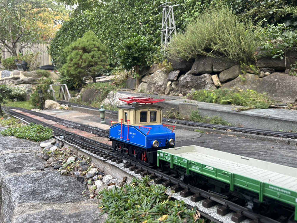 blue engine pushes green flatcar on garden railway