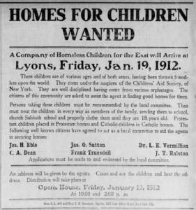 Black and white newspaper ad promoting the availability of orphan children — 1912