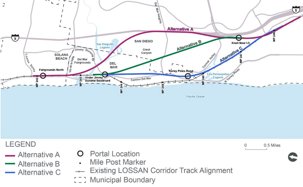 Map of potential rail tunnels in Del Mar, Calif.