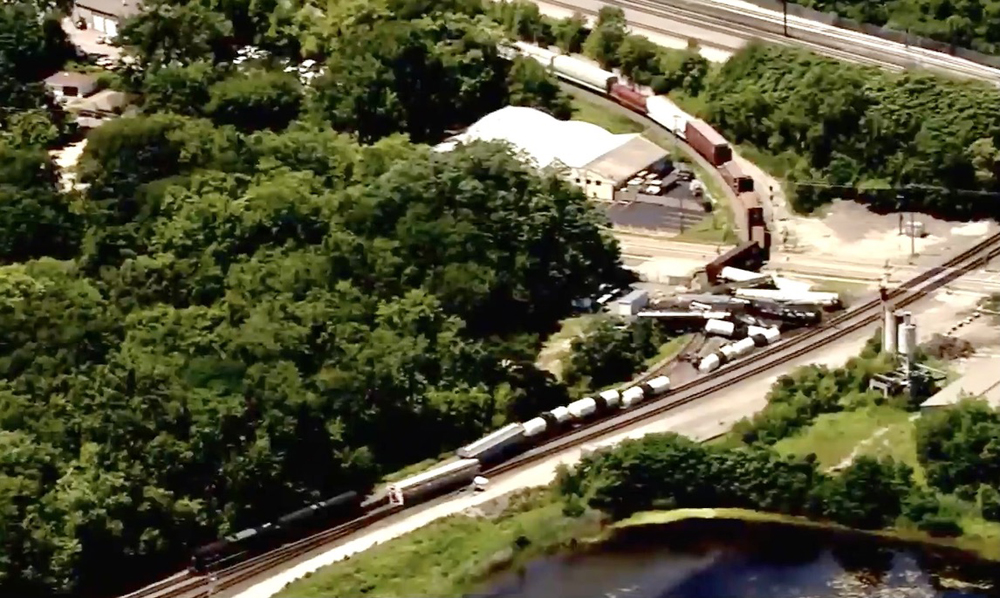 Aerial view of derailment at junction