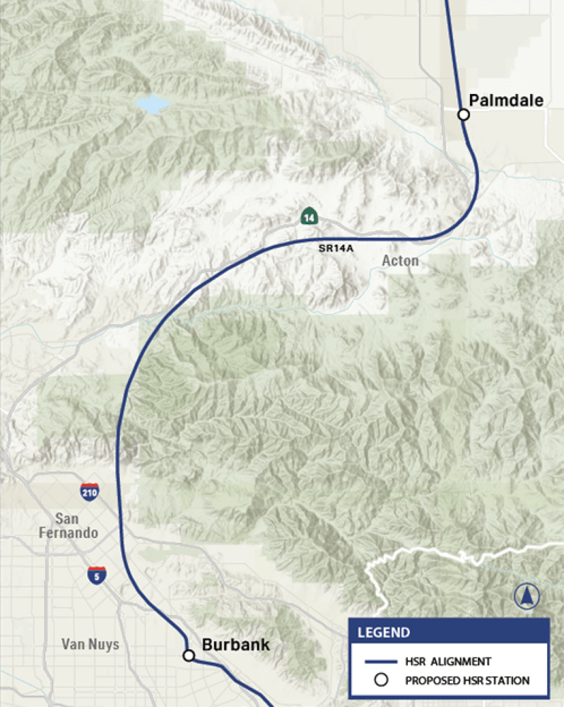 Map of planned route of California high speed rail line in Southern California