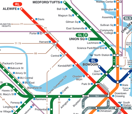 Portion of MBTA rail transit map showing northern end of Red Line