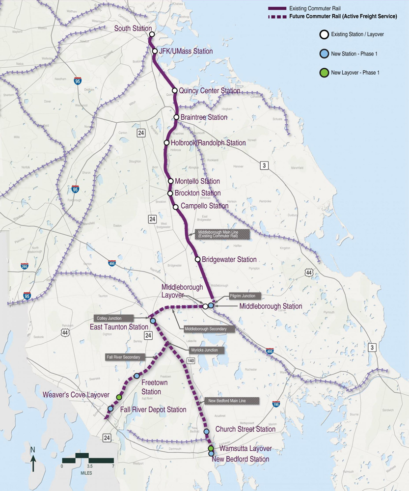 Map of commuter rail line to southern Massachusetts