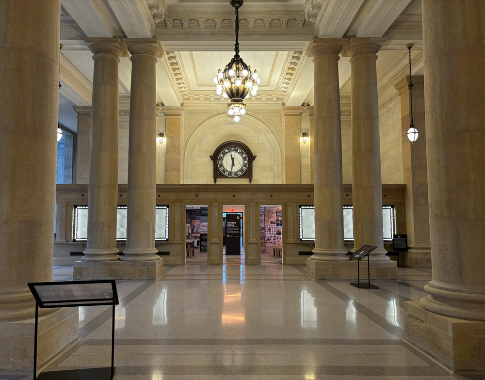 Gleaming, high-celing ticket lobby of former station