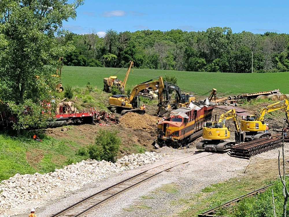 Locomotives from Saturday's derailment near Midway Beach, Iowa, have been uprighted in this view of cleanup efforts on Sunday, June 30, 2024. Cate Kratville-Wrinn