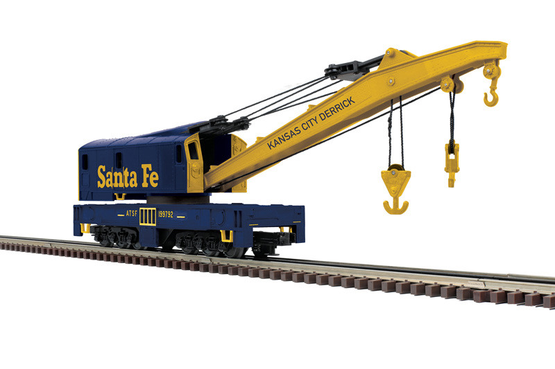 Color photo of O gauge crane painted blue and yellow