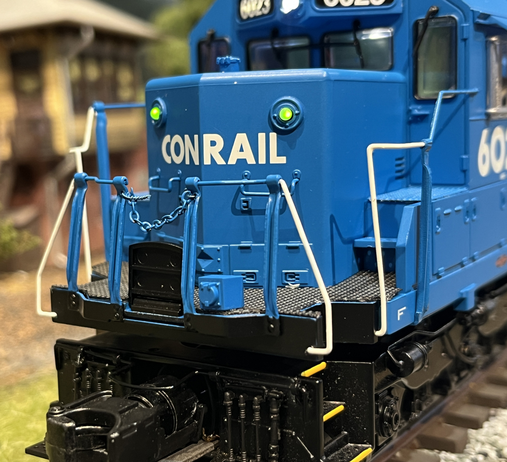 blue and white model train