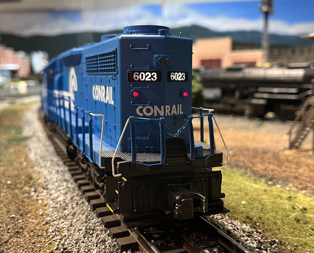 Back of blue and white model train