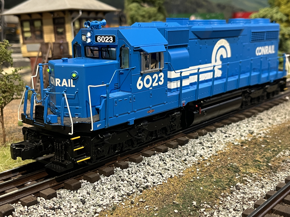 Blue and white model train