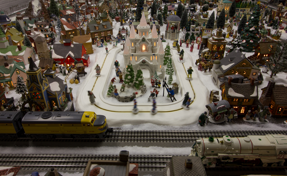two model trains on Christmas layout