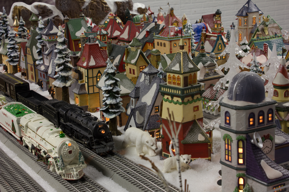 two model trains on Christmas layout
