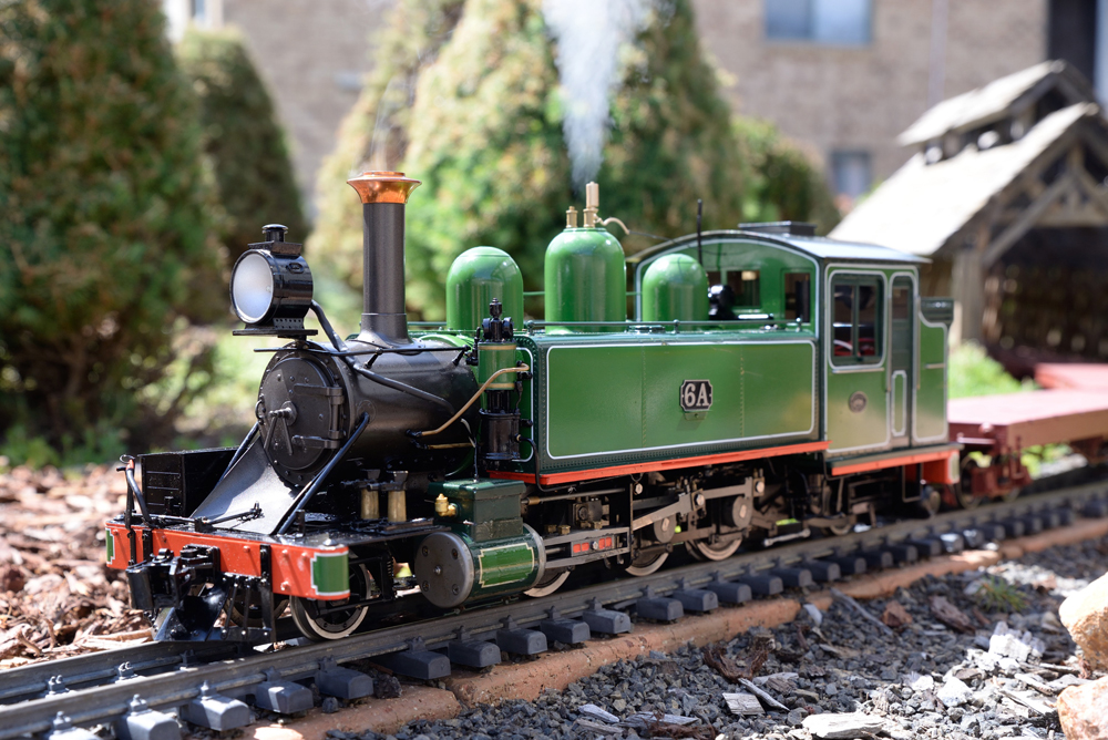 green and black model train on track