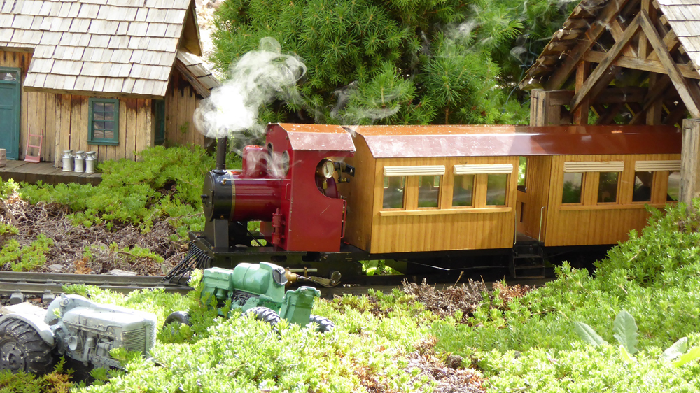 maroon live steam engine on garden railway