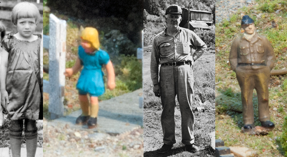 Antique black and white photographs of a young girl and a man are compared with model figures depicting them