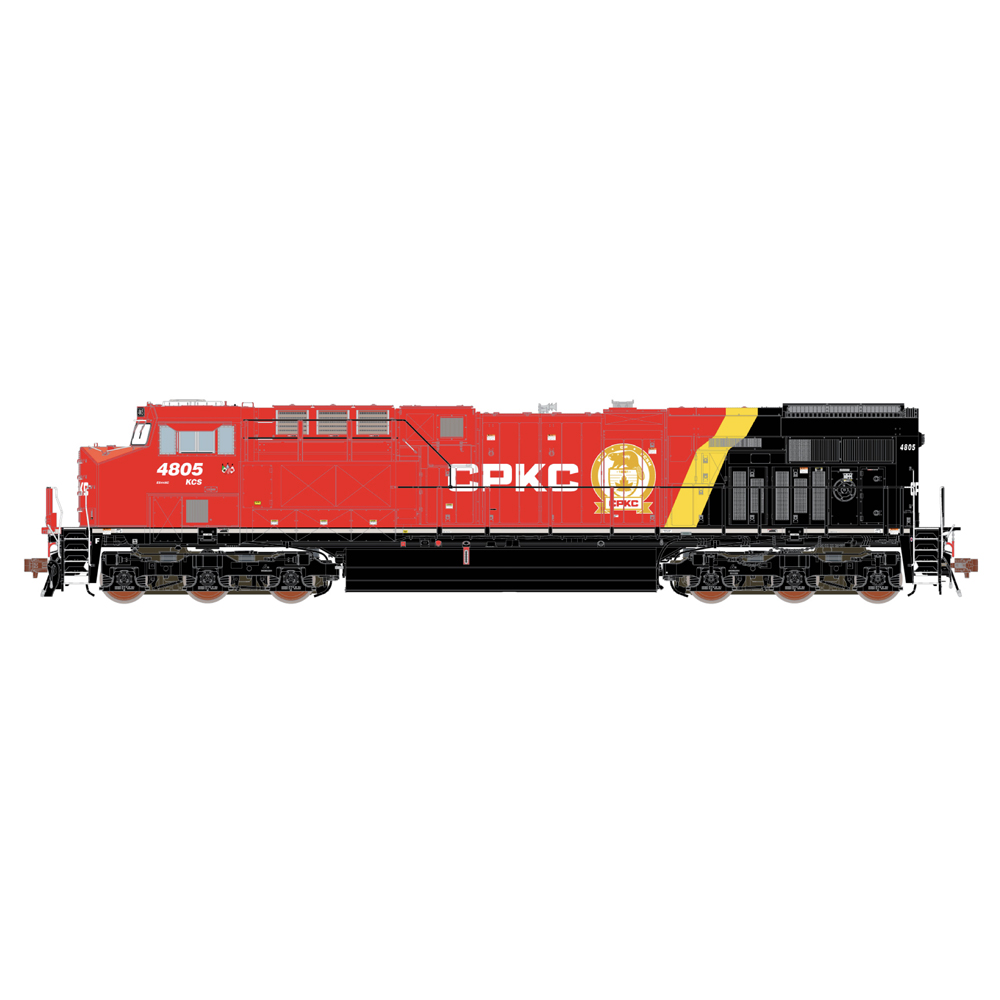 A model locomotive in a red and black paint scheme