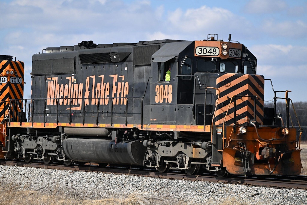 A black and orange trimmed locomotive