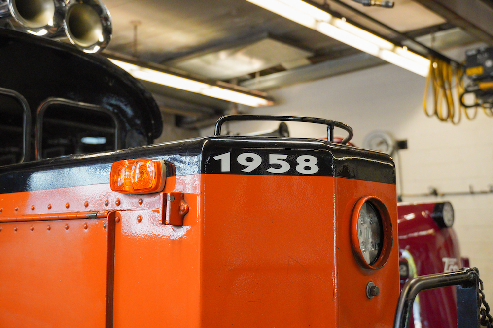 Closeup of a diesel locomotive’s nose.