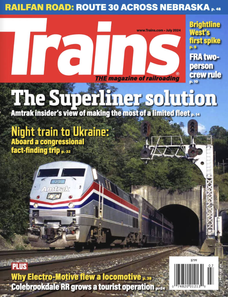 The July 2024 cover of Trains magazine