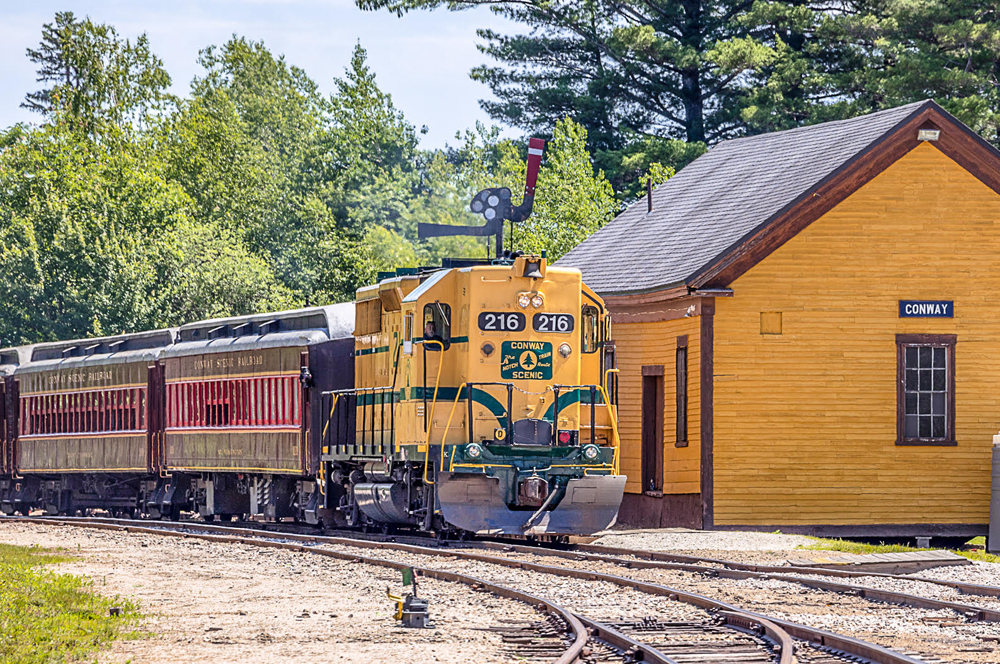 Passenger train with yellow and green diesel at station