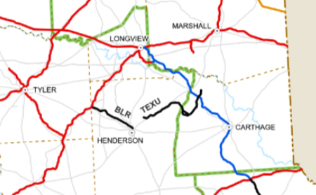 Map detail of rail lines in eastern Texas.