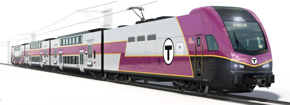 Purple and silver multiple unit trainset with pantograph