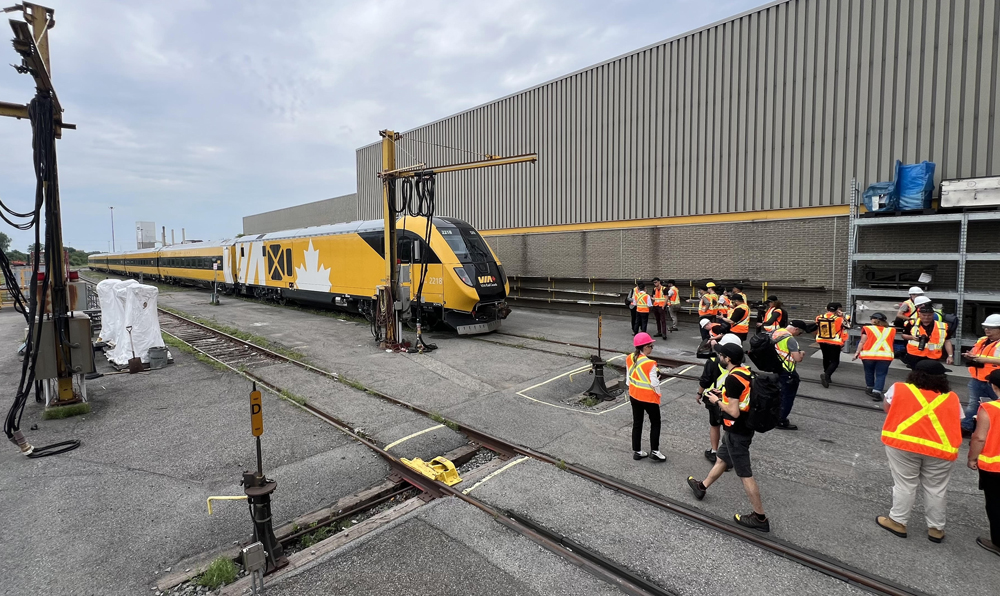 People and yellow train in yard