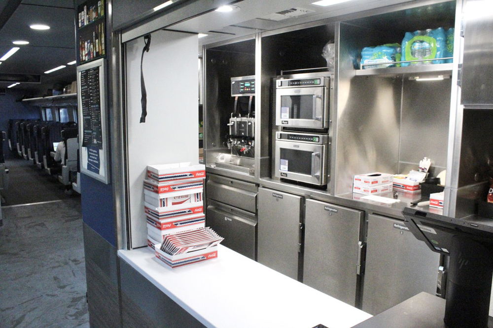 View of counter area of cafe car.