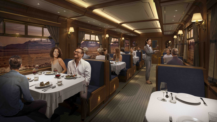 Interior of restaurant designed to look like railroad dining car